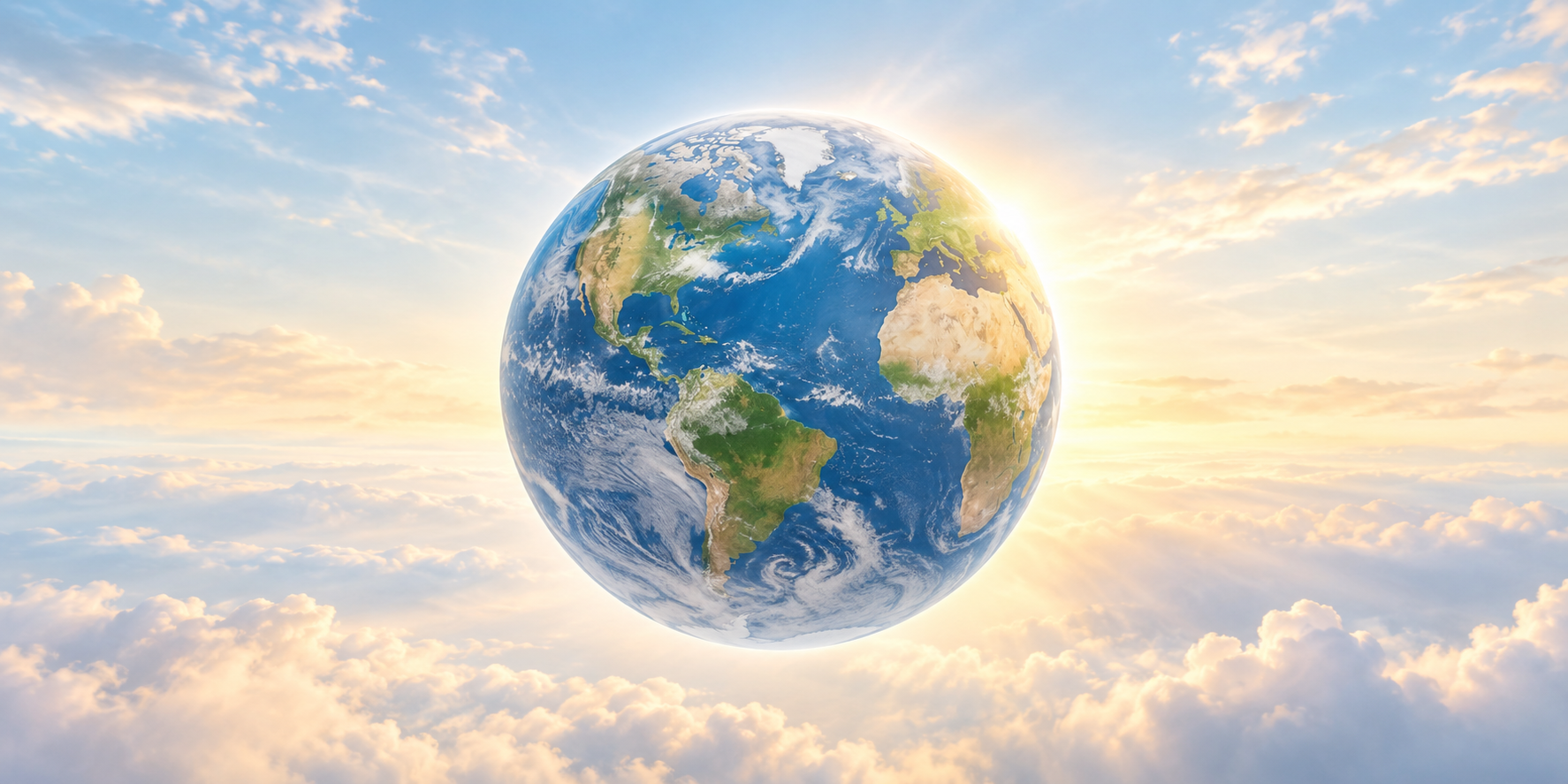 The Earth surrounded by light and clouds